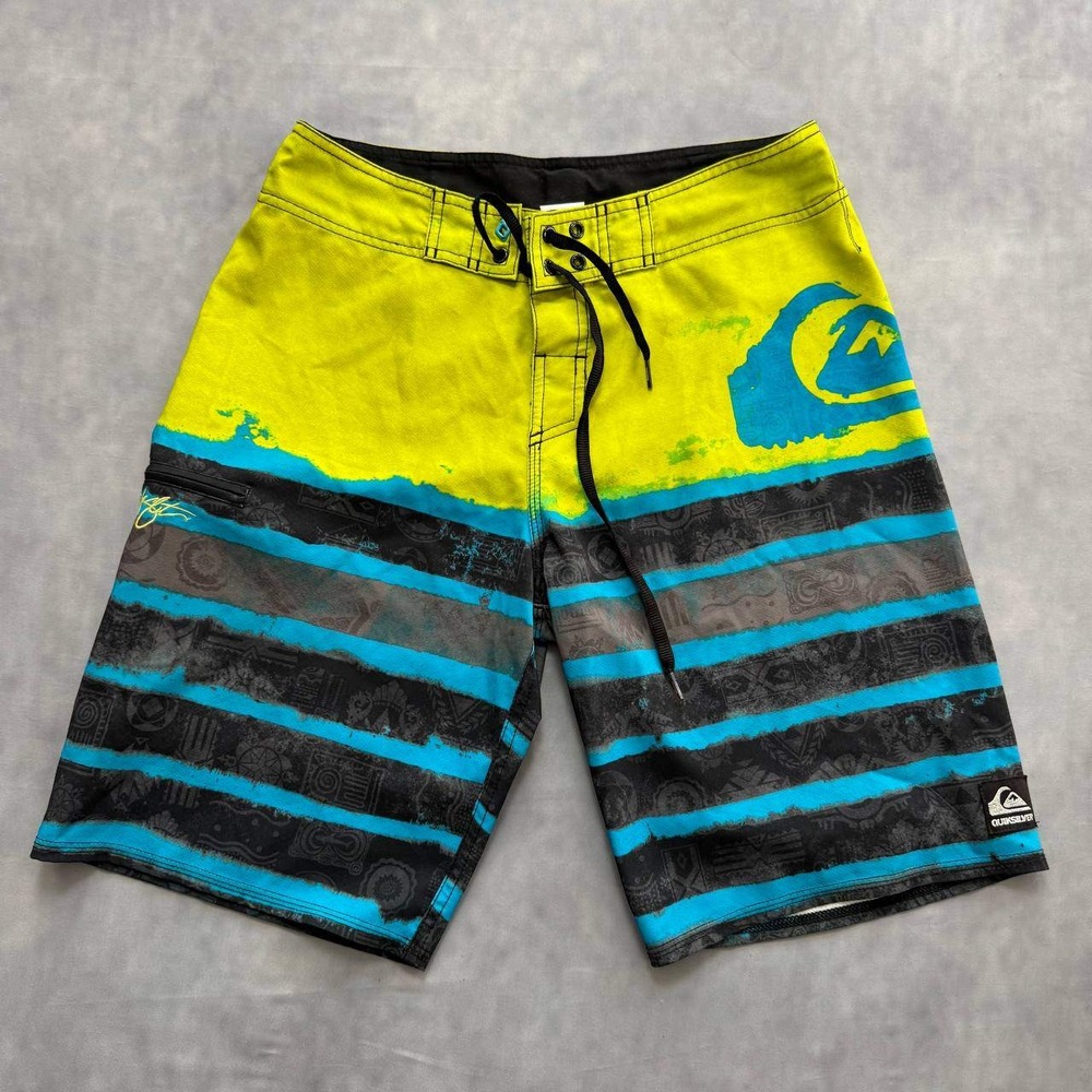 Quiksilver Kelly Slater Board Shorts Mens 30 Neon Yellow Blue Striped Y2K Surf